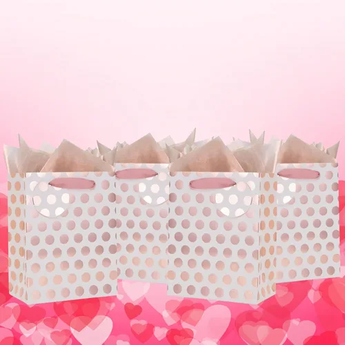 Miniatura 5 de UNIQOOO 12 bolsas de regalo de papel de aluminio de oro rosa a granel, lunares rosas con etiqueta, bolsas de papel kraft de reciclaje duraderas