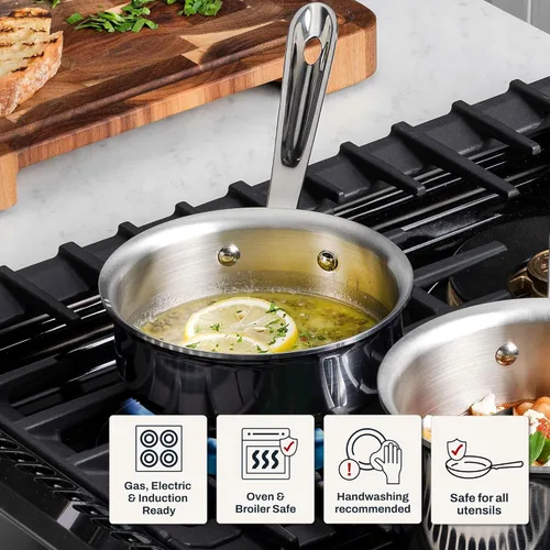 Miniatura 8 de All-Clad D3 Cacerola de Acero Inoxidable de 3 Capas 1 Cuarto Inducción Horno Gratinador Seguro 600F Ollas y Sartenes, Utensilios de Cocina Plateado
