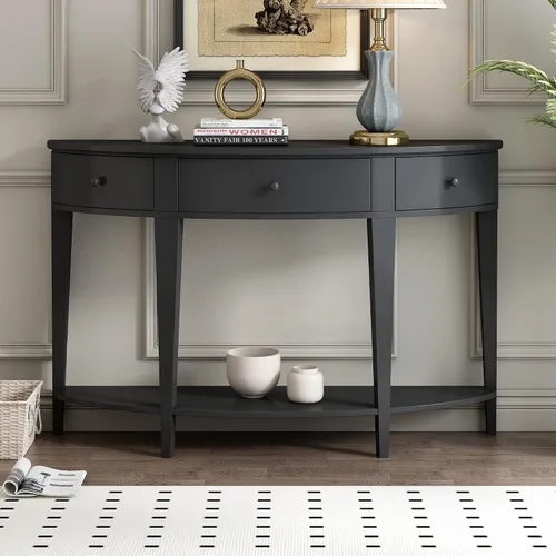 LUMISOL Mesa consola de entrada Half Moon con 3 cajones de almacenamiento y estante, mesa de sofá detrás del sofá para sala de estar, vestíbulo,