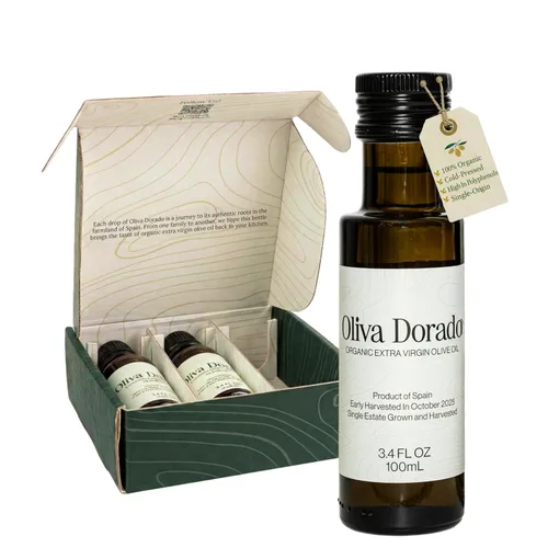 Oliva Dorado Mini botellas de aceite de oliva de vidrio (3.4 fl oz, paquete de 3), aceite de oliva virgen extra orgánico 100% sin refinar y prensado