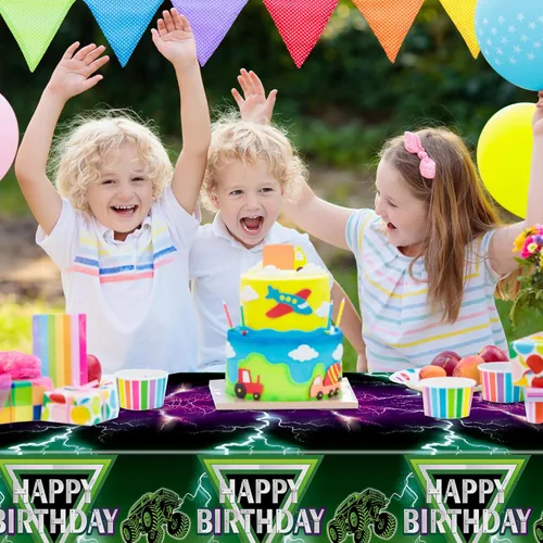 Miniatura 5 de Manteles de camión monstruo verde y morado – Funda rectangular desechable para baby shower, fiesta de cumpleaños de niños, decoración de mesa