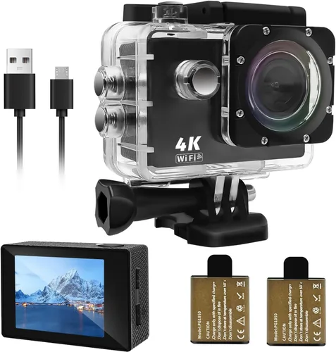 Cámara de Acción 4K 30FPS, Cámara Impermeable 30M Bajo el Agua Ultra HD 131FT 170° de Ángulo Amplio, con 2 Baterías de 1050 mAh para Ciclismo,