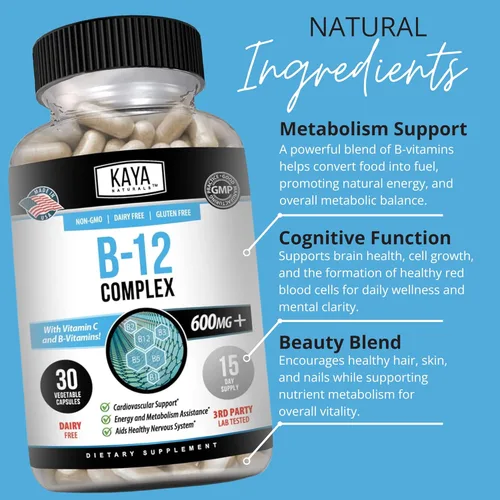 Miniatura 5 de Kaya Naturals Complejo B-12 Suplemento multivitamínico para mujeres y hombres potenciador de energía y metabolismo Vitamina del complejo B
