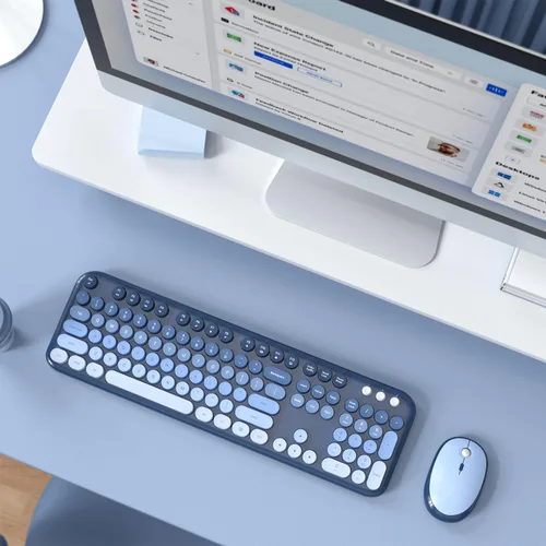 Miniatura 111 de KNOWSQT Combo de teclado y ratón inalámbrico, teclados lindos de tamaño completo estilo máquina de escribir 2.4G azul colorido - receptor USB Plug