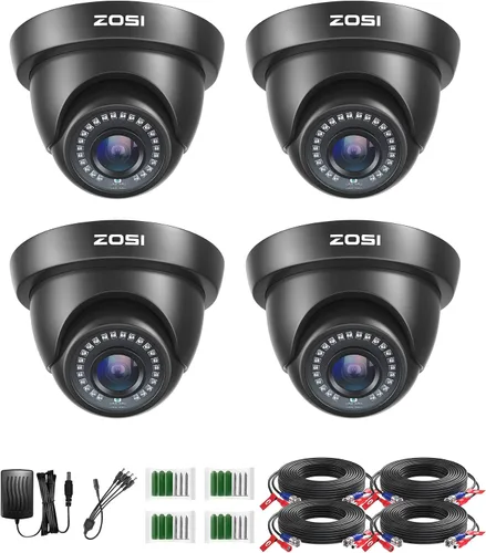 ZOSI 4 Pack 1080p 2MP HD-TVI Cámara de Seguridad para el Hogar Interior Exterior 1920TVL, Cámara Domo CCTV Resistente a la Intemperie Negra, Visión