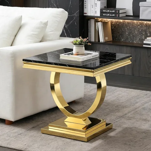 Miniatura 13 de Mesa de centro de mármol negro Henf de lujo, mesa auxiliar rectangular de mármol sintético de imitación con base de acero inoxidable dorado