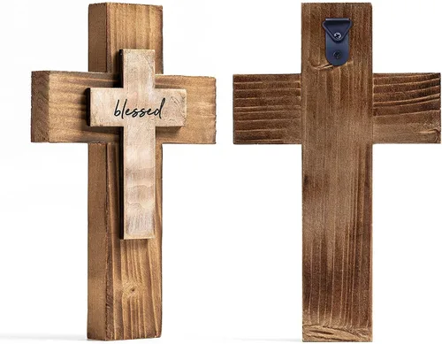 Miniatura 5 de OKSQW Cruz de pared de madera cristiana espiritual Cruz religiosa Regalos con gancho para colgar en la pared o mesa con bendita para la iglesia
