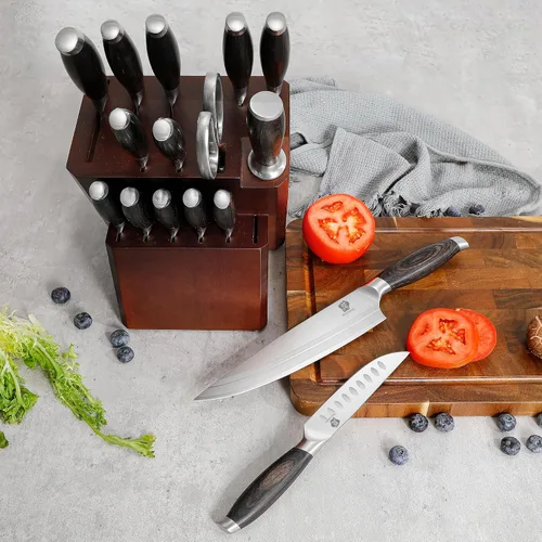 Miniatura 6 de WILDMOK Juego de bloque de cuchillos de cocina, juego de 17 piezas con bloque de madera, juegos de cuchillos de cocina de acero alemán con picador