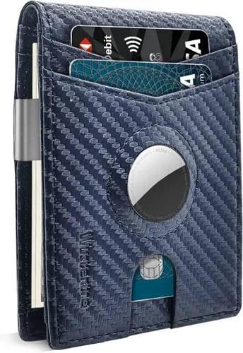 Wustentre Soporte para cartera AirTag con clip para dinero, cartera con etiqueta de aire, cartera minimalista de cuero de carbono con bloqueo RFID,