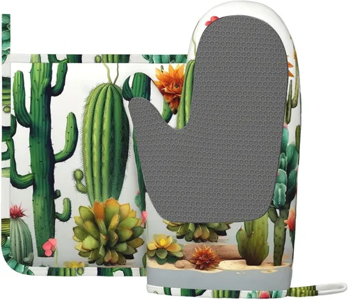 Miniatura 2 de Juego de manoplas de horno de cactus y soportes para ollas, guantes de horno de silicona resistentes al calor para cocinar, guantes de horno