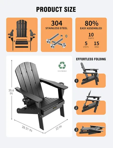 Miniatura 3 de Silla Adirondack Plegable, Sillas Adirondack de Plástico con Textura de Madera con 2 Portavasos, Silla para Hoguera de HDPE Resistente a