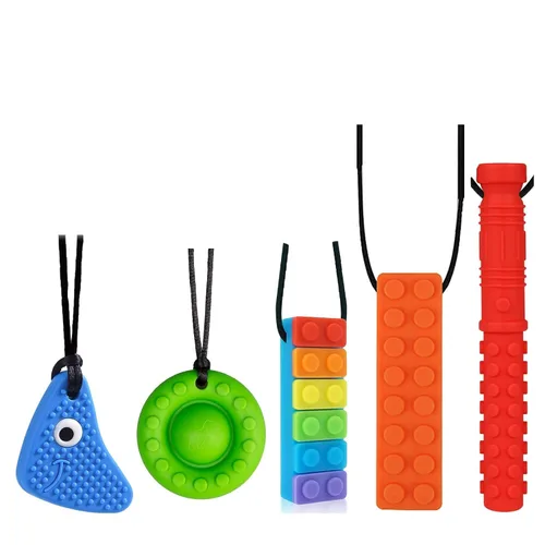 Collares masticables para niños sensoriales, paquete de 5 juguetes sensoriales de silicona para masticar, collar masticable multiestilo, ayuda