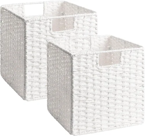 Miniatura 16 de StorageWorks Cestas de mimbre de 11 pulgadas, cubos de almacenamiento tejidos a mano con asas, cesta plegable de cuerda de papel para organizar