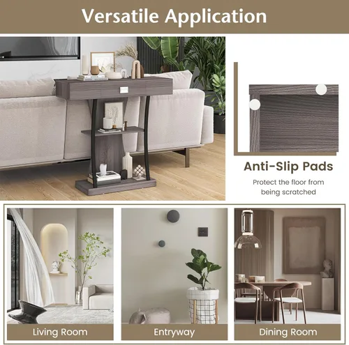 Miniatura 8 de Giantex Mesa consola estrecha en forma de T – Mesa para detrás del sofá con cajón, estantes, kits dobles antivuelcos, moderna mesa de vestíbulo