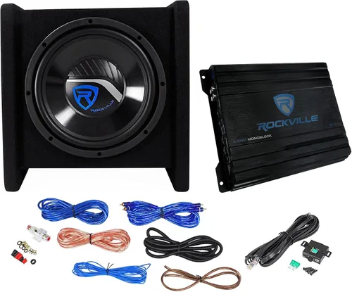 Rockville RV10.1D - Caja de subwoofer para automóvil cargada de 500 W de 10 pulgadas con amplificador mono y kit de amplificador, graves de alto