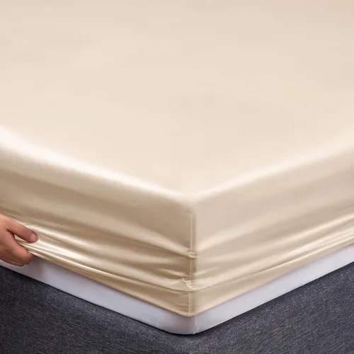 Miniatura 6 de Vonty juego de sábanas de satén de tamaño individual, sábanas sedosas y suaves de color beige, 1 sábana bajera para colchones altos + 1 sábana