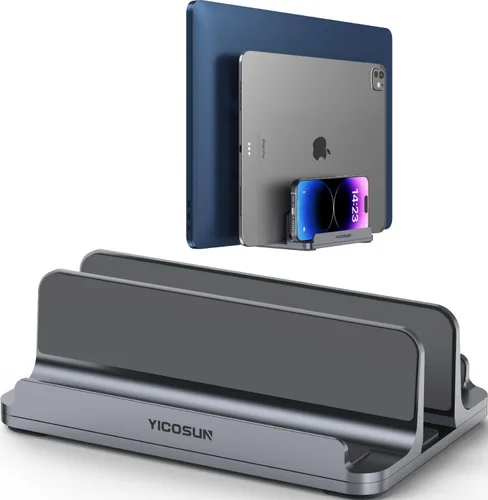 Miniatura 10 de YICOSUN Soporte vertical de aluminio para laptop para escritorio, base de ancho ajustable para MacBook, Surface, Samsung, HP, Dell de hasta 17.3 Gris