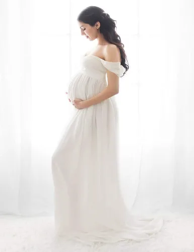 Miniatura 4 de JustVH Vestidos de maternidad para sesión de fotos hombros descubiertos vestido de encaje de gasa vestido largo con abertura frontal vestidos