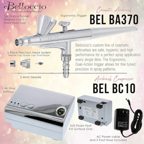 Miniatura 3 de Belloccio - Sistema de maquillaje profesional para aerógrafo de belleza con 4 tonos medianos de base en botellas de 1/4 onza – el kit incluye rubor