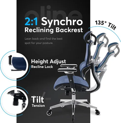 Miniatura 5 de Oline ErgoPro Silla de oficina ergonómica – Silla de escritorio con reposa-brazos ajustable en 4D, soporte lumbar 3D y ruedas delgadas – Silla