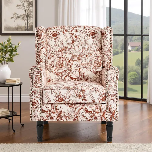 Miniatura 42 de Silla reclinable tapizada, sillón de ala floral con respaldo y reposapiés ajustables, cómoda silla decorativa para leer, sofá individual