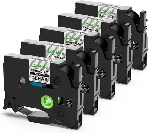 Labelife Paquete de 5 cintas TZe TZ de 0.47 pulgadas laminadas transparentes TZe-131 de repuesto para Brother Label Maker Tape Clear TZe131 TZ-131