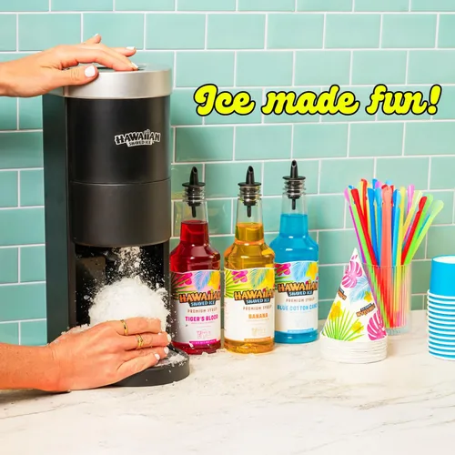 Miniatura 2 de Kit de máquina de hielo raspado y cono de nieve Hawaiian Shaved Ice HomePro, 6 sabores de jarabe de 16 oz. Cereza, uva, frambuesa azul, sangre