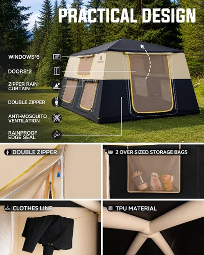 Miniatura 4 de CORANI Tiendas inflables de 14.1'x6.5'x9' para acampar, tienda de aire inflable portátil para 6/8/10 personas, impermeable, resistente al viento