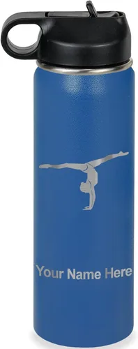 Miniatura 30 de LaserGram Botella de agua personalizada, gimnasta niña, acero inoxidable de doble pared aislada al vacío con popote superior, regalo grabado Azul