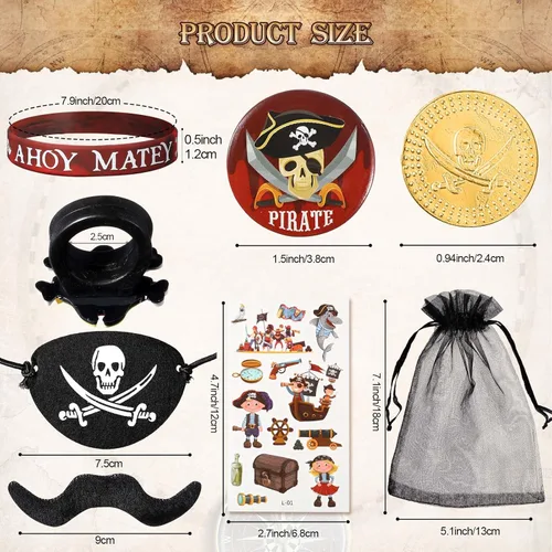 Miniatura 2 de 144 piezas de suministros de fiesta pirata incluyen pulsera pirata náutica tatuaje botón pin ojo parche oro moneda gema anillo bigote organza bolsa