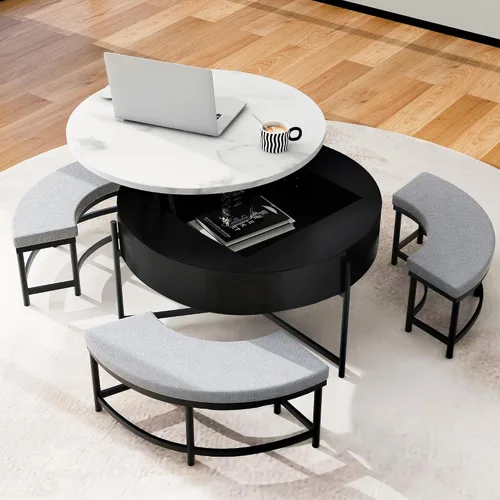 Miniatura 19 de Mesa de café redonda, mesa de café moderna de 31.5" con 2 cajones grandes de almacenamiento, tapa de mesa con patrón de mármol, mesa central