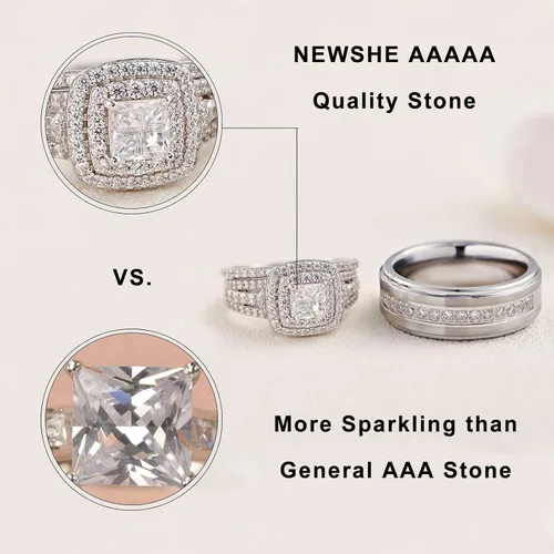 Miniatura 3 de Newshe Jewellery Juego de anillos de boda para él y ella, bandas de tungsteno AAAAA, circonita cúbica, 2.3 quilates, plata de ley 925, tamaño 5-13