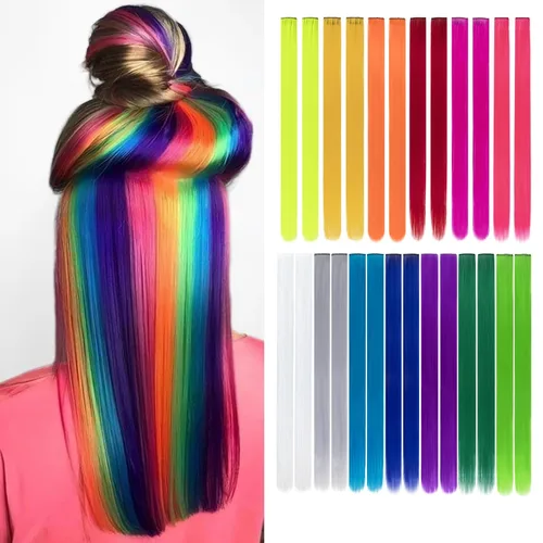 26 extensiones de cabello con clip de colores para niñas, extensiones de cabello arcoíris multicolor con reflejos instantáneos, piezas de cabello