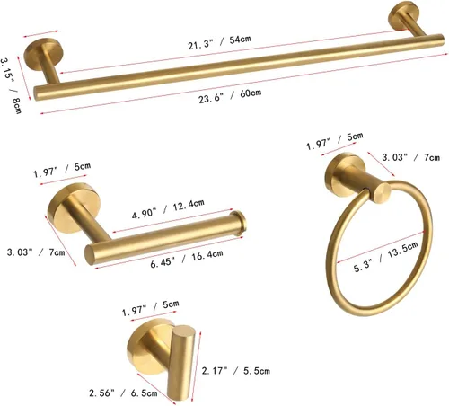 Miniatura 8 de Juego de Accesorios de Ferretería de Baño de Oro Cepillado de 5 Piezas, Juego de Barra de Toallas de Baño de Acero Inoxidable de 24 Pulgadas
