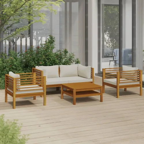 Juego de muebles de jardín, muebles de patio al aire libre, juego de conversación seccional, juego de 5 piezas con cojín crema, madera de acacia