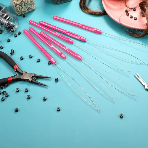 Miniatura 6 de 10 piezas de extensión de cabello, enhebrador de aguja para tirar y dispositivo de cuentas, herramienta para enhebrador de bucle para extensiones