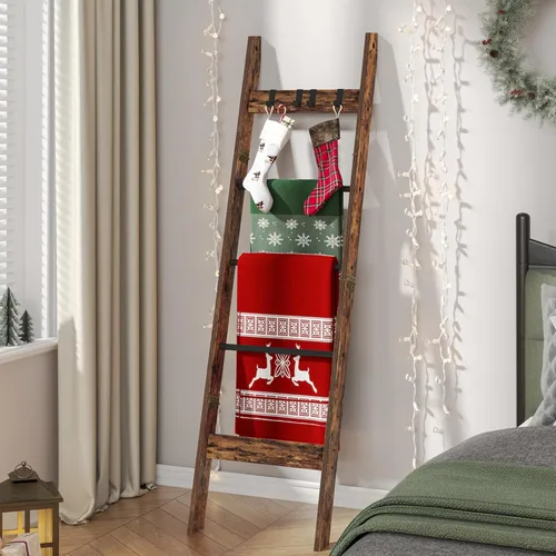 Hzuaneri Escalera para Mantas para Sala de Estar, Estante Decorativo para Colchas con 4 Ganchos Desmontables, Organizador de Estante Soporte de