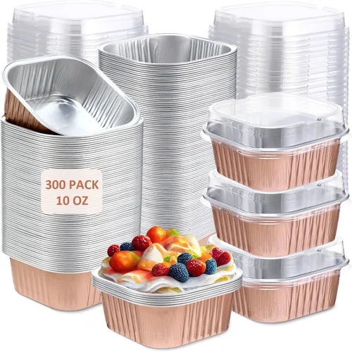 Miniatura 13 de Aoriher 300 piezas de moldes mini para pasteles de 10 onzas con tapas, moldes de papel de aluminio para hornear, moldes cuadrados desechables