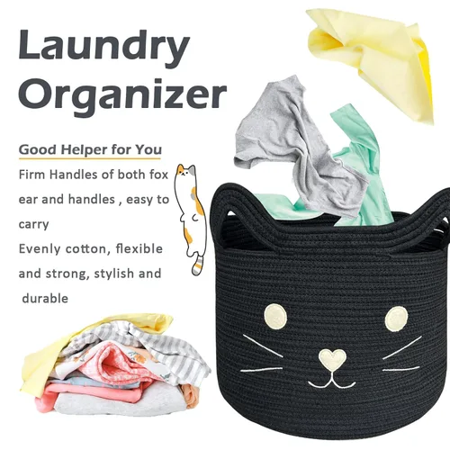 Miniatura 5 de VK VK·LIVING Cesta Grande de Juguetes para Gatos con Asas 15" L x 14" H Caja de Juguetes de Cuerda de Algodón con Diseño de Gato Negro, Cesta