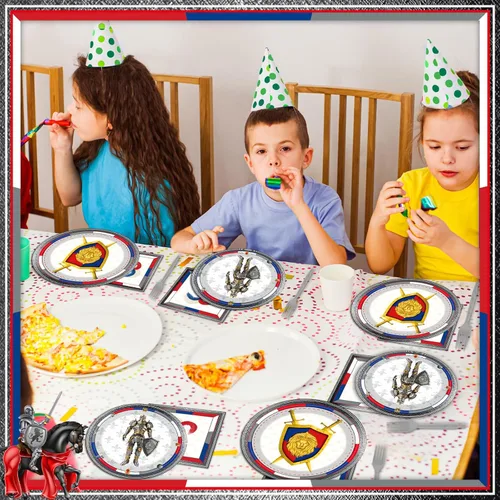 Miniatura 5 de chiazllta 96 piezas de decoraciones medievales para fiestas de cumpleaños de castillo, platos de papel y servilletas, suministros de cumpleaños