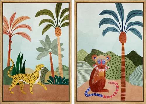 Miniatura 64 de IDEA4WALL - Set de lienzos enmarcados para pared, diseño tropical, selva, hoja de plátano, guepardo rosa, gato, naturaleza, desierto, arte digital