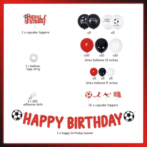 Miniatura 5 de Decoraciones de fiesta de cumpleaños de fútbol, decoración de fiesta temática de fútbol, kit de guirnalda de globos rojos y negros, pancarta