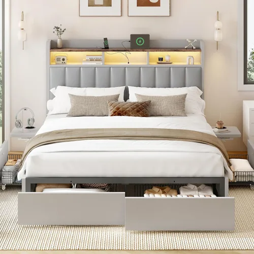 Miniatura 9 de BRELTAM Base de cama Queen con cabecero, 4 cajones de almacenamiento y escritorio ajustable integrado, estación de carga, fácil montaje, no necesita