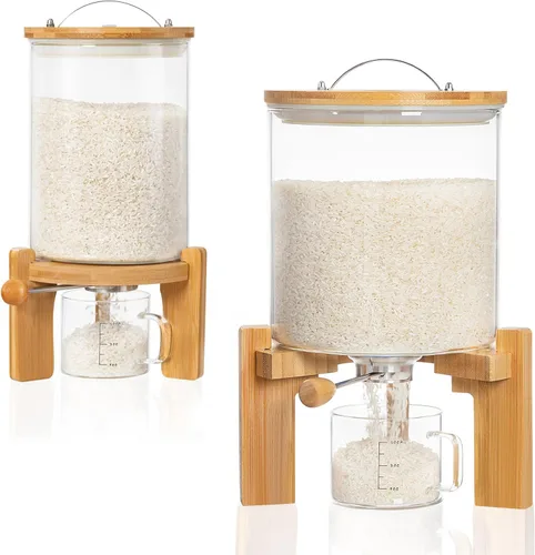 Miniatura 10 de HBlife Dispensador de arroz de vidrio de 5 a 7 libras con soporte de madera, contenedor de harina y cereales con taza medidora de vidrio, despensa