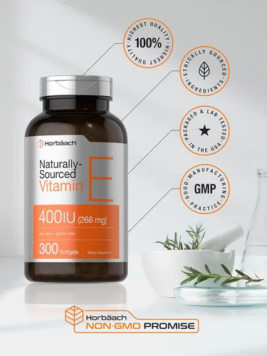 Miniatura 5 de Horbäach Suplemento de vitamina E 400 UI (268 mg) 300 cápsulas de cápsulas blandas D-alfa tocoferol Fórmula sin OMG y sin gluten