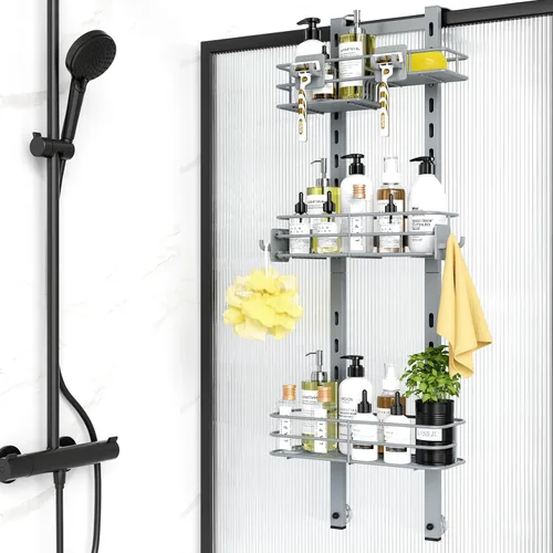 ODesign Organizador de ducha para colocar sobre la puerta, organizador de ducha colgante ajustable de 3 niveles con soporte para jabón y 4 ganchos,