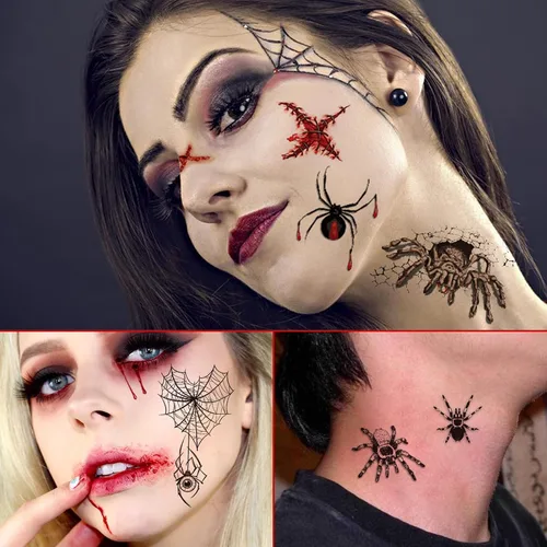 Miniatura 4 de YOKSAS Calcomanías de tatuaje temporal de araña 3D de terror de Halloween, 12 hojas de tatuajes de maquillaje facial para niños y adultos
