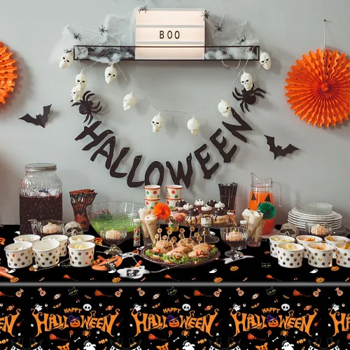 Miniatura 6 de Labeol Paquete de 3 manteles de Halloween, 108 x 54 pulgadas, manteles de Halloween negros, desechables, impermeables, de plástico, rectangular