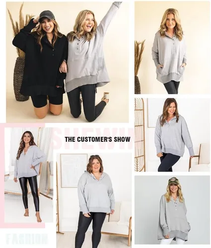 Miniatura 4 de SHEWIN Womens Oversized Sweatshirt Hoodies Casual Button V Neck Hooded Pullover Tops with Pocket