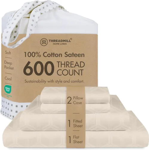 Miniatura 31 de Threadmill Sábanas de Algodón 100% para Cama Tamaño Queen - Juego de Sábanas Queen de 600 Hilos con Bolsillo Profundo de 16" - Juego de Ropa de Cama